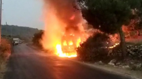 Tarsus ilçesindeki bir minibüs, çıkan yangında küle döndü