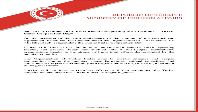 Press Release Regarding the 3 October, “Turkic States Cooperation Day”